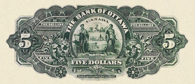 “Canada Bank of Ottawa 5 Dollar 1895–1900 replica banknote front”
