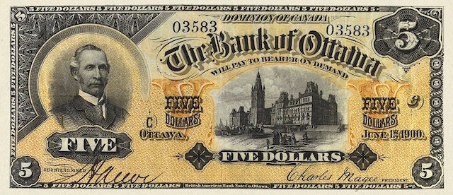 “Canada Bank of Ottawa 5 Dollar 1895–1900 replica banknote front”
