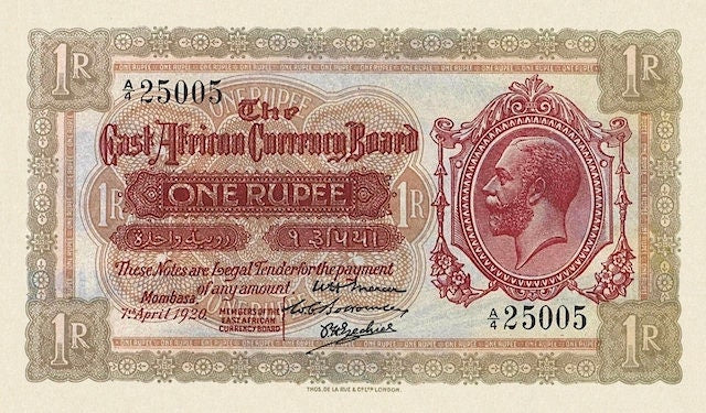 1920 British East Africa King George V 1 Rupee replica note